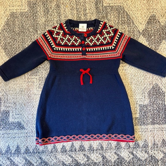 Hanna Andersson Baby Girls Holiday Red Snowflake Fair Isle Stripe Sweater Dress - Picture 1 of 3
